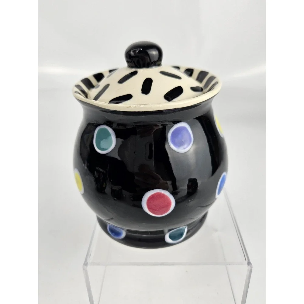 Lynn Morris Signed 3 Piece‎ Ceramic Creamer Sugar Set Polka Dot Black